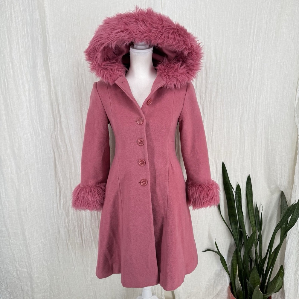 Vintage Fur Trim Wool Coat Girls Size 10 Penny Lane Y2K Bratz Preppy Princess